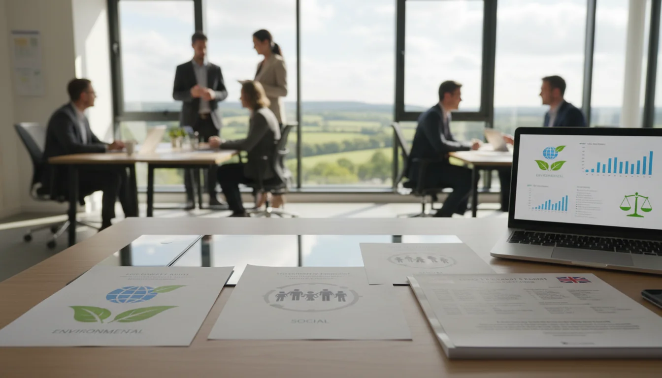 ESG sustainability icons in UK office.