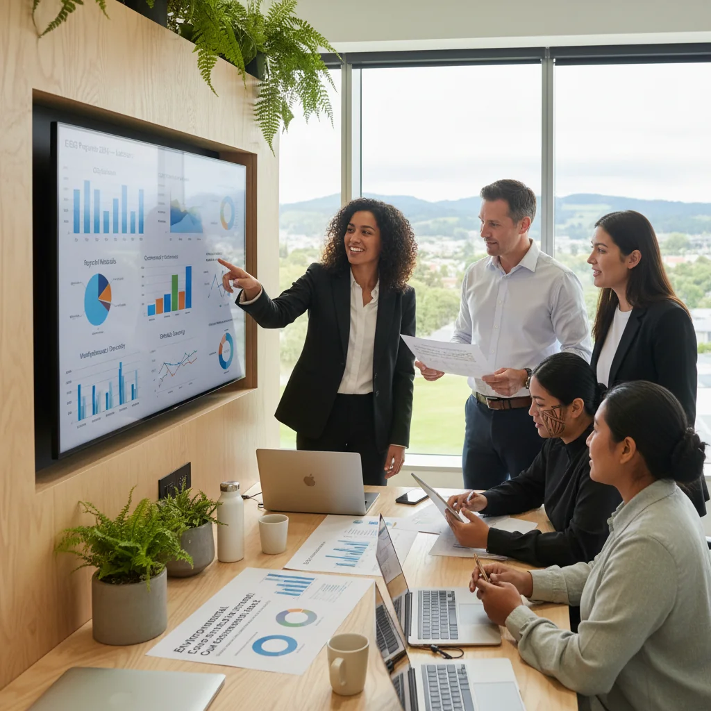 A photorealistic image of a diverse group of adult professionals in a modern New Zealand office setting, gathered around a table, discussing sustainability charts and green initiatives on a whiteboard, symbolizing environmental, social, and governance (ESG) reporting. The scene evokes transparency, responsibility, and corporate ethics in a natural light-filled room with views of New Zealand's green landscapes outside the window. No children are present.