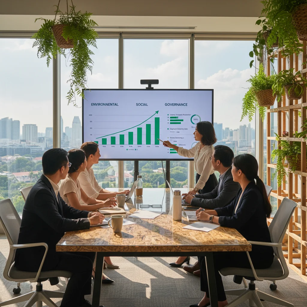 A photorealistic image of a diverse group of professional adults in a modern Singapore office setting, discussing sustainability charts on a digital screen, symbolizing ESG reporting and corporate responsibility, with elements like green plants and city skyline view, conveying transparency and environmental focus, no children present.