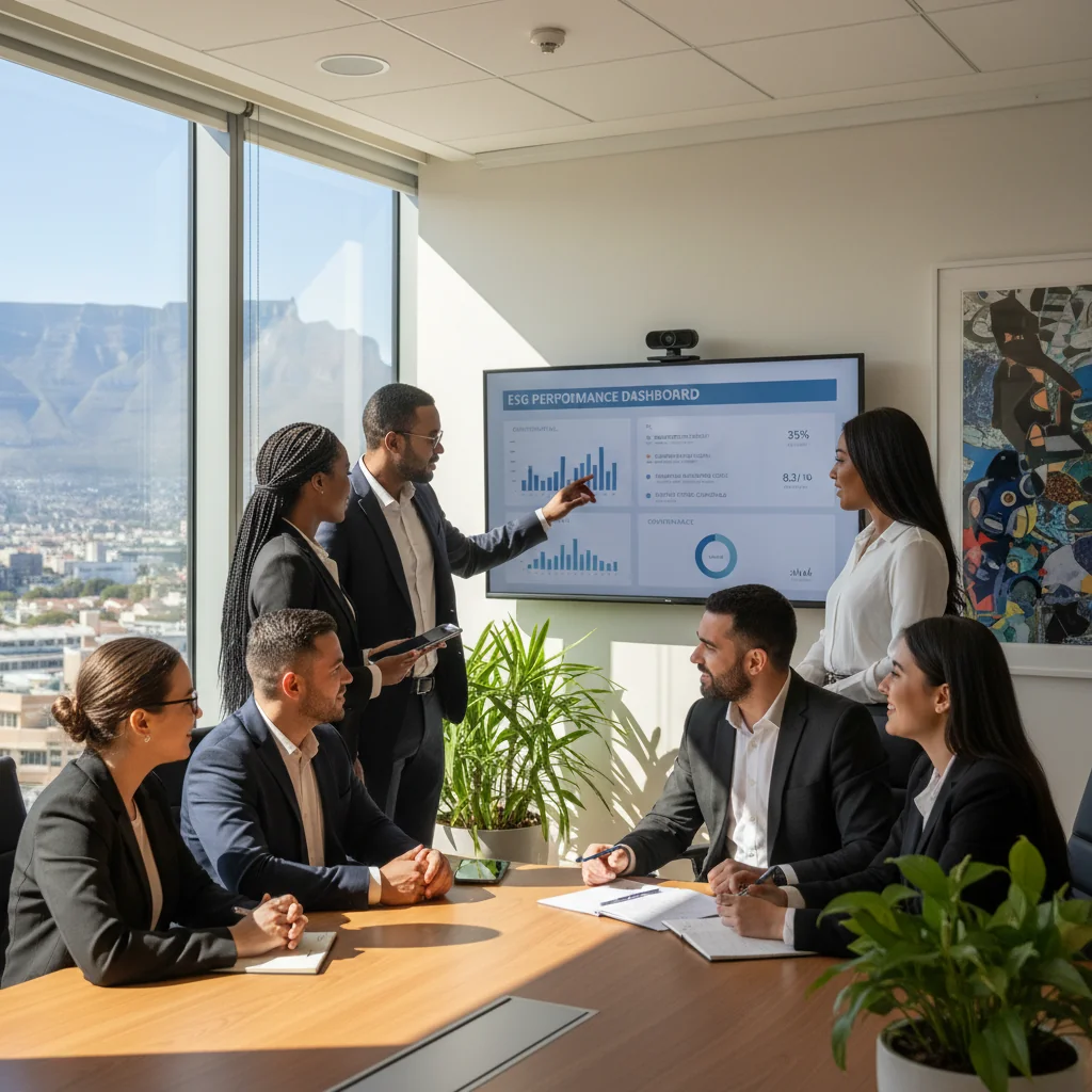 A photorealistic image representing ESG reporting in South Africa, featuring a diverse group of adult professionals in a modern South African office setting, reviewing sustainability charts on a digital screen, with subtle South African landscape elements in the background like Table Mountain, emphasizing environmental, social, and governance themes without showing any documents or children.
