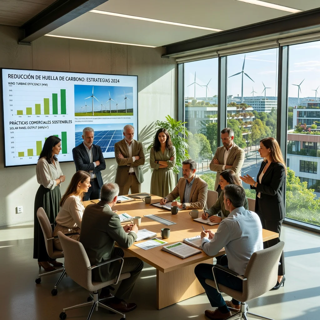A photorealistic image representing sustainability in a Spanish corporate context, featuring a diverse group of professional adults in a modern office setting in Spain, collaborating on green initiatives like reviewing renewable energy charts or planting indoor plants, with subtle Spanish elements like a flag or architecture in the background, evoking responsibility and environmental commitment.