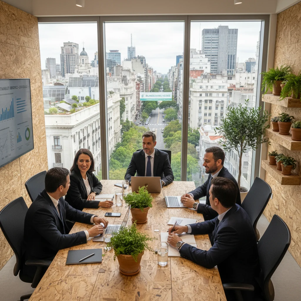A photorealistic image of a modern Argentine corporate office with professionals reviewing sustainability reports on digital tablets, surrounded by green plants and eco-friendly elements like solar panels visible through the window, symbolizing corporate sustainability in Argentina. No children are present in the image.