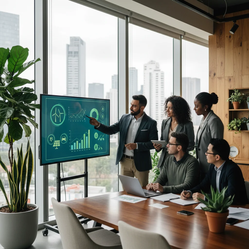 A photorealistic image symbolizing corporate sustainability in Mexico, featuring a diverse group of adult professionals in a modern office setting reviewing green initiatives on a digital screen, with subtle Mexican cultural elements like a flag in the background and lush greenery representing environmental focus, evoking responsibility and progress in business practices.