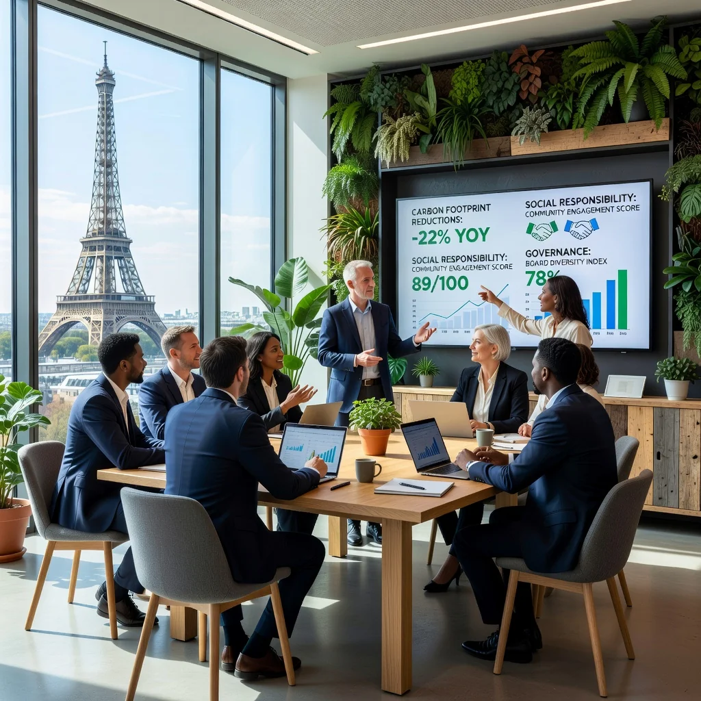 A photorealistic image representing corporate sustainability and ESG (Environmental, Social, and Governance) management in a French business context. The scene shows a diverse group of professional adults in a modern conference room in Paris, discussing green initiatives on a digital screen displaying eco-friendly charts and renewable energy symbols, with the Eiffel Tower visible through the window, emphasizing responsible corporate governance without any focus on documents.