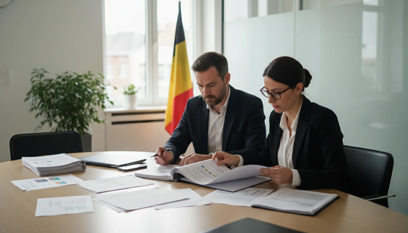 Belgian office workers reviewing ESG reports
