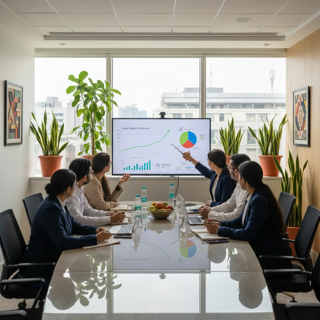 A photorealistic image depicting a diverse group of adult professionals in a modern Indian corporate office, collaboratively discussing ESG initiatives on a digital screen showing environmental sustainability, social responsibility, and governance charts, with elements like green plants and renewable energy symbols in the background, emphasizing ethical business practices in India, no children present.