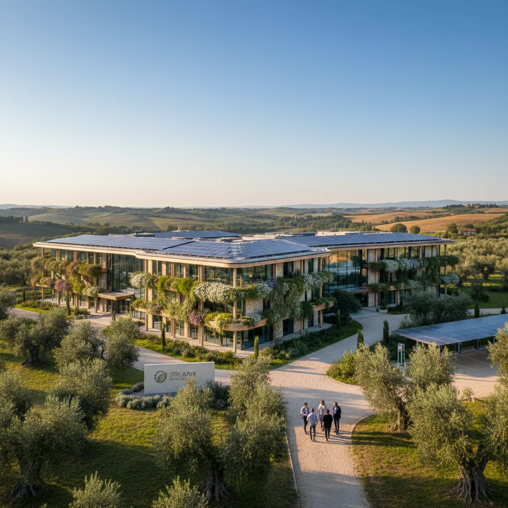 A photorealistic image representing sustainability and corporate responsibility in Italy, featuring a modern Italian office building with green rooftops and solar panels, surrounded by lush Mediterranean landscapes, symbolizing environmental commitment without focusing on documents.