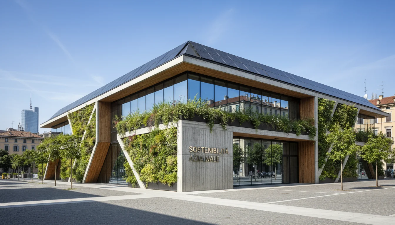 Eco-friendly Italian business headquarters exterior.