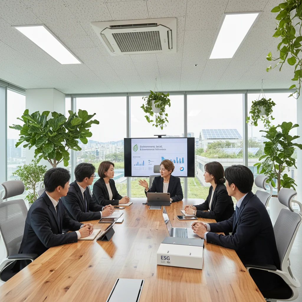 A photorealistic image representing the purpose of ESG reporting in South Korea, showing a diverse group of professionals in a modern corporate office discussing sustainable business practices, with elements like green plants, solar panels visible outside the window, and charts on sustainability metrics, emphasizing environmental, social, and governance themes without focusing on documents.