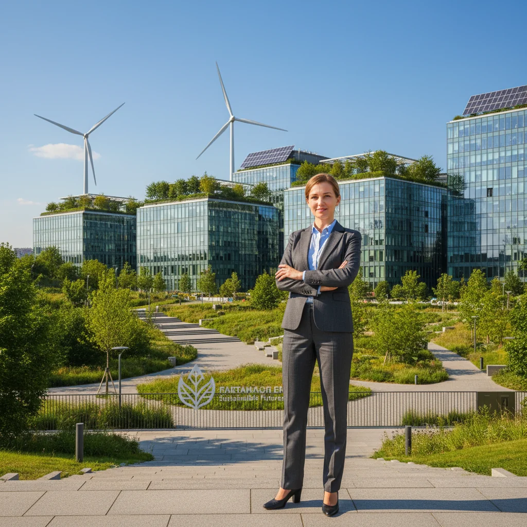 A photorealistic image representing sustainable development in a Russian corporate context, featuring a modern business professional standing in an urban green space with solar panels and wind turbines in the background, symbolizing environmental responsibility and corporate sustainability, no documents visible, no children present.