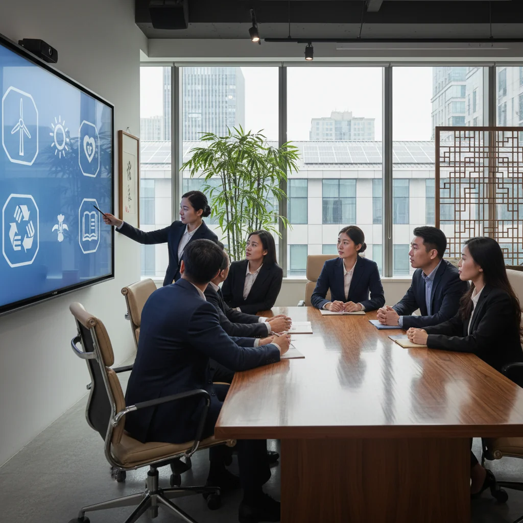 A photorealistic image of a diverse group of professional adults in a modern Chinese corporate office, engaged in a sustainable business meeting. They are discussing ESG initiatives around a conference table with charts on environmental conservation, social responsibility, and governance on a digital screen. The scene conveys collaboration, innovation, and commitment to ethical practices, with elements like green plants and energy-efficient lighting in the background. No children are present. The image is strictly photorealistic, not a graphic, drawing, or illustration.