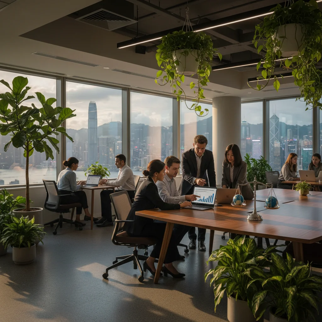 A photorealistic image representing environmental, social, and governance (ESG) principles in a Hong Kong corporate context, showing a diverse group of professional adults in a modern office overlooking the Hong Kong skyline, with subtle elements like green plants symbolizing sustainability, people collaborating on charts indicating social responsibility, and a balanced scale for governance, evoking trust and ethical business practices without focusing on documents.