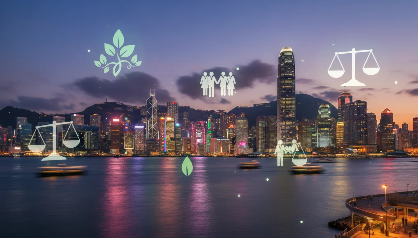 Hong Kong skyline with ESG icons