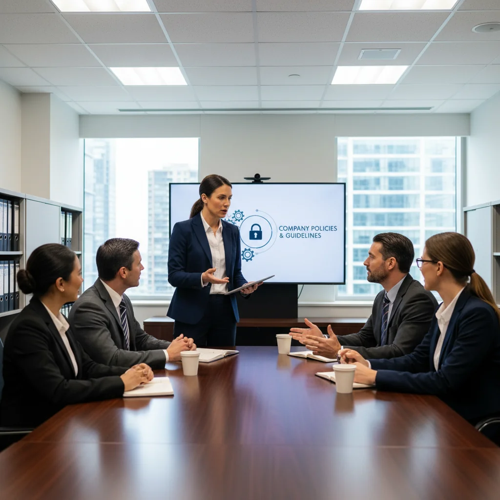 A photorealistic image of a diverse group of adults in a modern office setting, reviewing and discussing internal company guidelines on a large screen, symbolizing structure, organization, and workplace harmony without focusing on any documents.