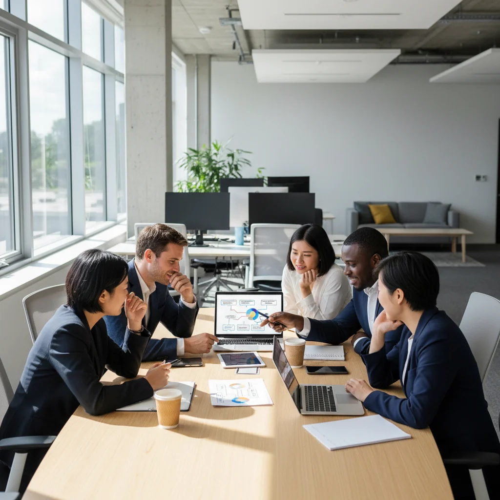 A photorealistic image of a diverse team of adult professionals in a modern office setting, collaboratively reviewing and discussing company policies on digital tablets and laptops to enhance management efficiency, symbolizing improved organizational structure without showing any documents directly.