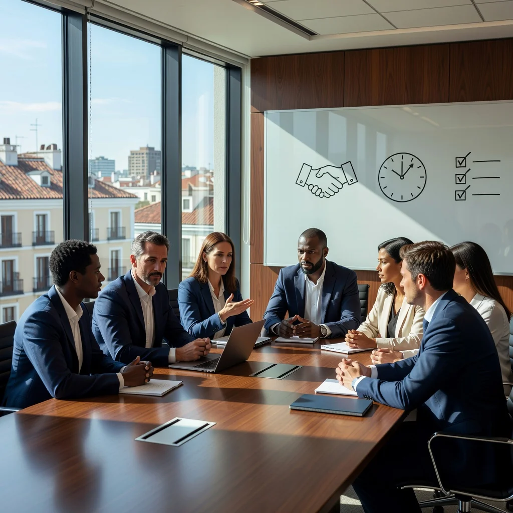 A photorealistic image representing the purpose of internal company regulations in Spanish businesses, showing a diverse group of adult professionals in a modern office environment, engaged in a collaborative meeting discussing rules and guidelines, with elements like a whiteboard with organizational charts, no children present, emphasizing professionalism and compliance.