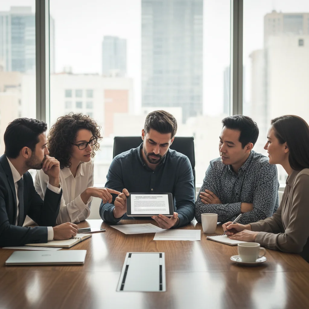 A photorealistic image of a professional business meeting in a modern office, where adults are discussing and reviewing internal company policies on a tablet, symbolizing the importance of avoiding errors in internal regulations. The scene conveys clarity, collaboration, and professionalism among colleagues.