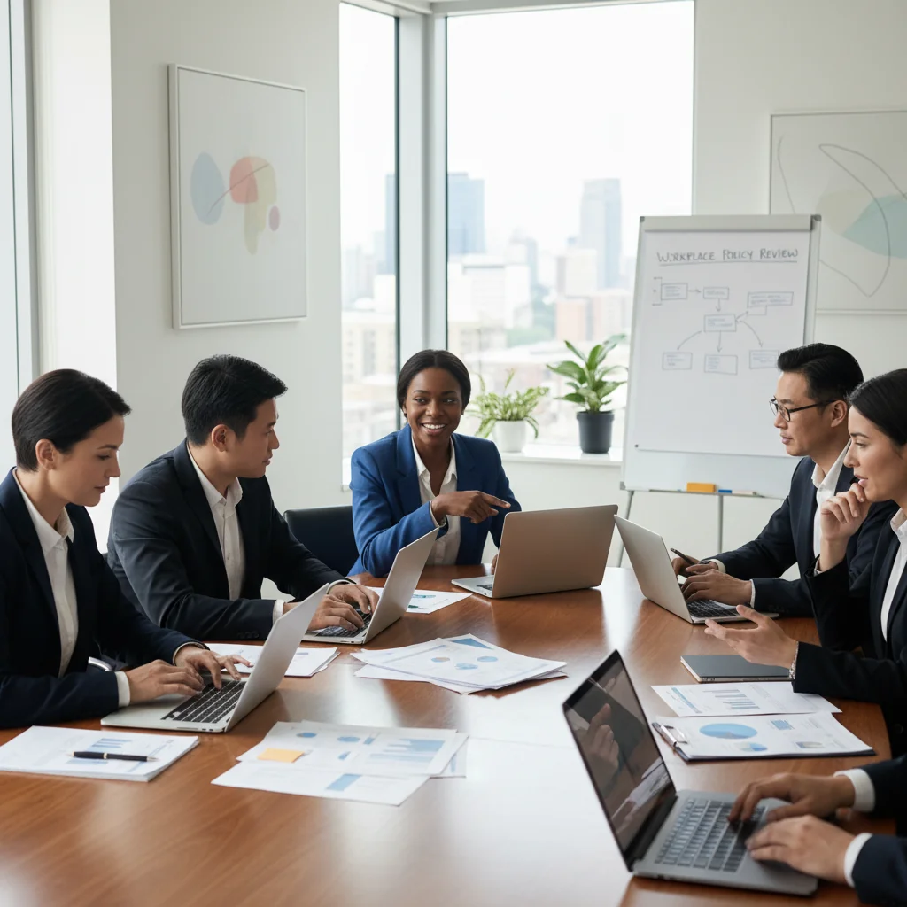 A photorealistic image of a professional office environment where adults are collaborating on creating workplace guidelines, symbolizing the purpose of an effective work regulation document, with people in business attire discussing around a table with notes and laptops, no children present.