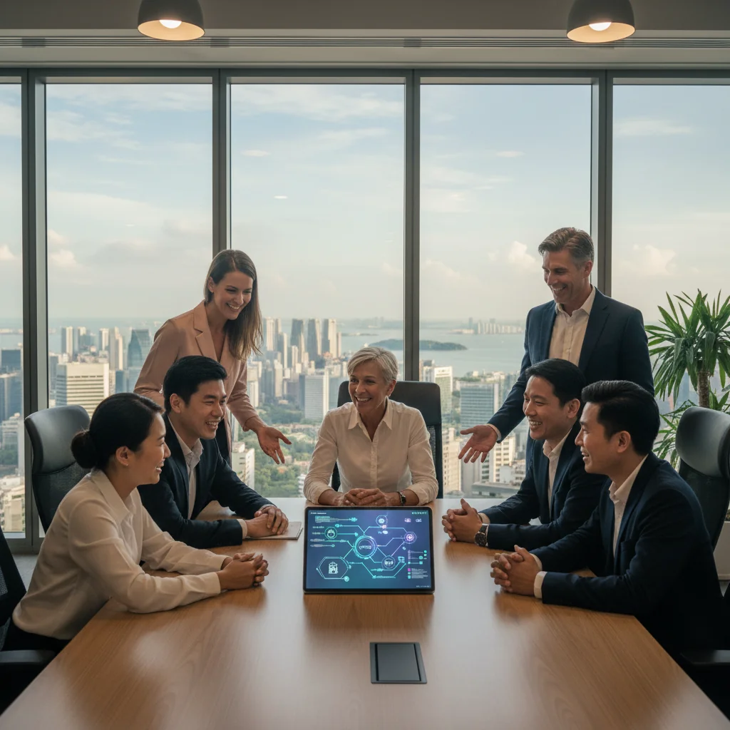 A photorealistic image of a diverse team of adult professionals in a modern Singapore office, engaged in a collaborative meeting discussing company policies, symbolizing the importance of an employee handbook in fostering a positive workplace culture. The scene includes adults only, no children, with elements like a whiteboard with abstract icons representing guidelines, but no actual documents or text visible.