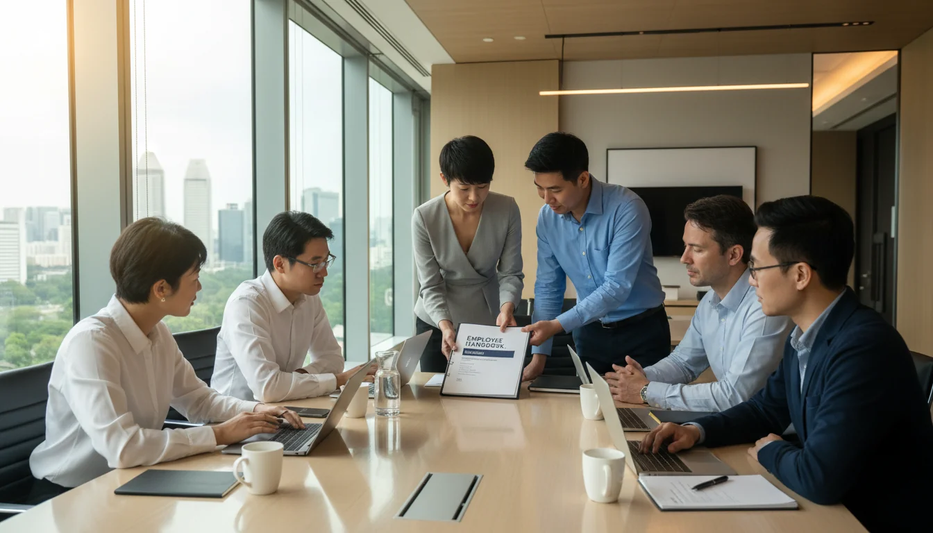 Business team reviewing employee handbook.