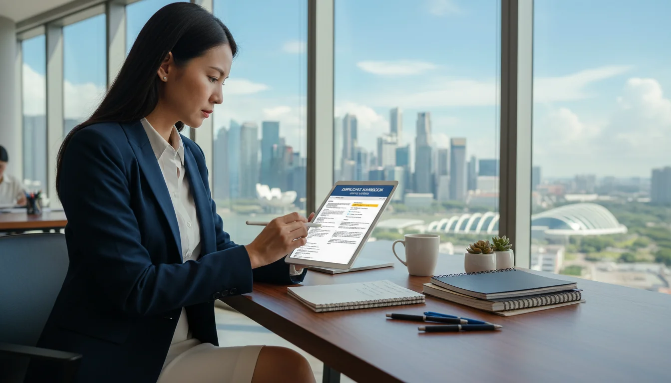 Updating handbook on digital tablet.