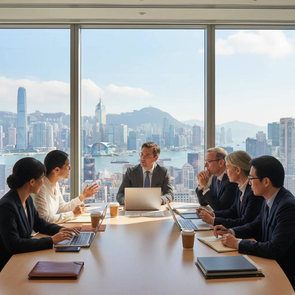 A photorealistic image of a diverse group of professional businesspeople in a modern Hong Kong office, engaged in a collaborative meeting, symbolizing the establishment of effective company guidelines and ethical practices in a corporate setting. The scene captures a sense of unity, professionalism, and strategic planning, with elements like a city skyline view of Hong Kong in the background to evoke the local business environment. No children are present in the image.