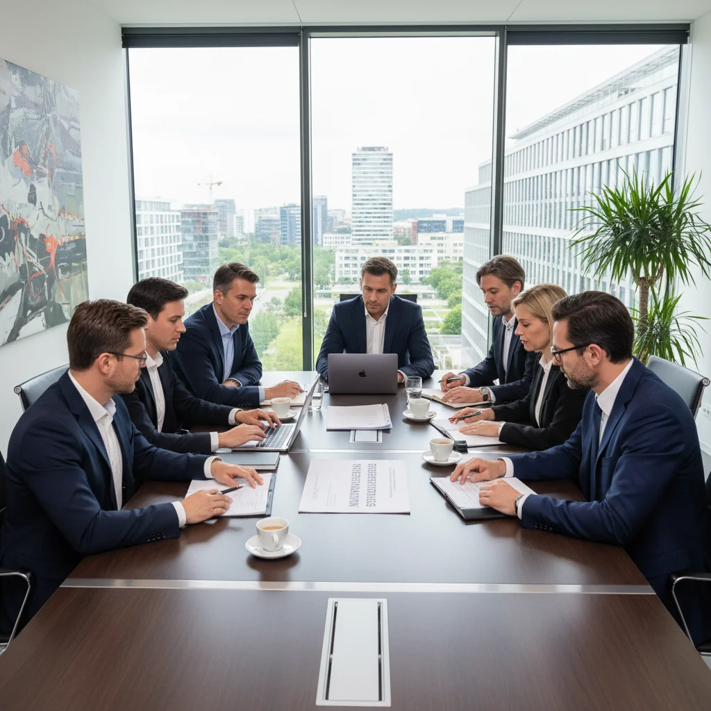 A photorealistic image of a diverse group of adult professionals in a modern German office setting, engaged in a collaborative meeting around a conference table, discussing and signing agreements, symbolizing legal requirements for company agreements in Germany. The atmosphere is professional and positive, with elements like laptops, notepads, and subtle German flags or office decor in the background. No children are present in the image.