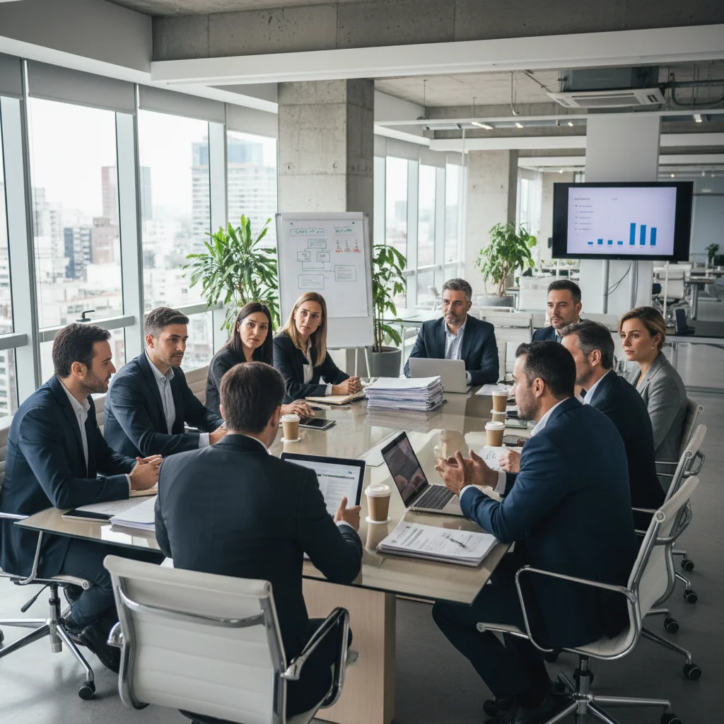 A photorealistic image of a diverse group of adult professionals in a modern Argentine office setting, engaged in a productive team meeting, symbolizing order, discipline, and workplace harmony. The scene includes adults only, no children, with natural lighting and realistic details.