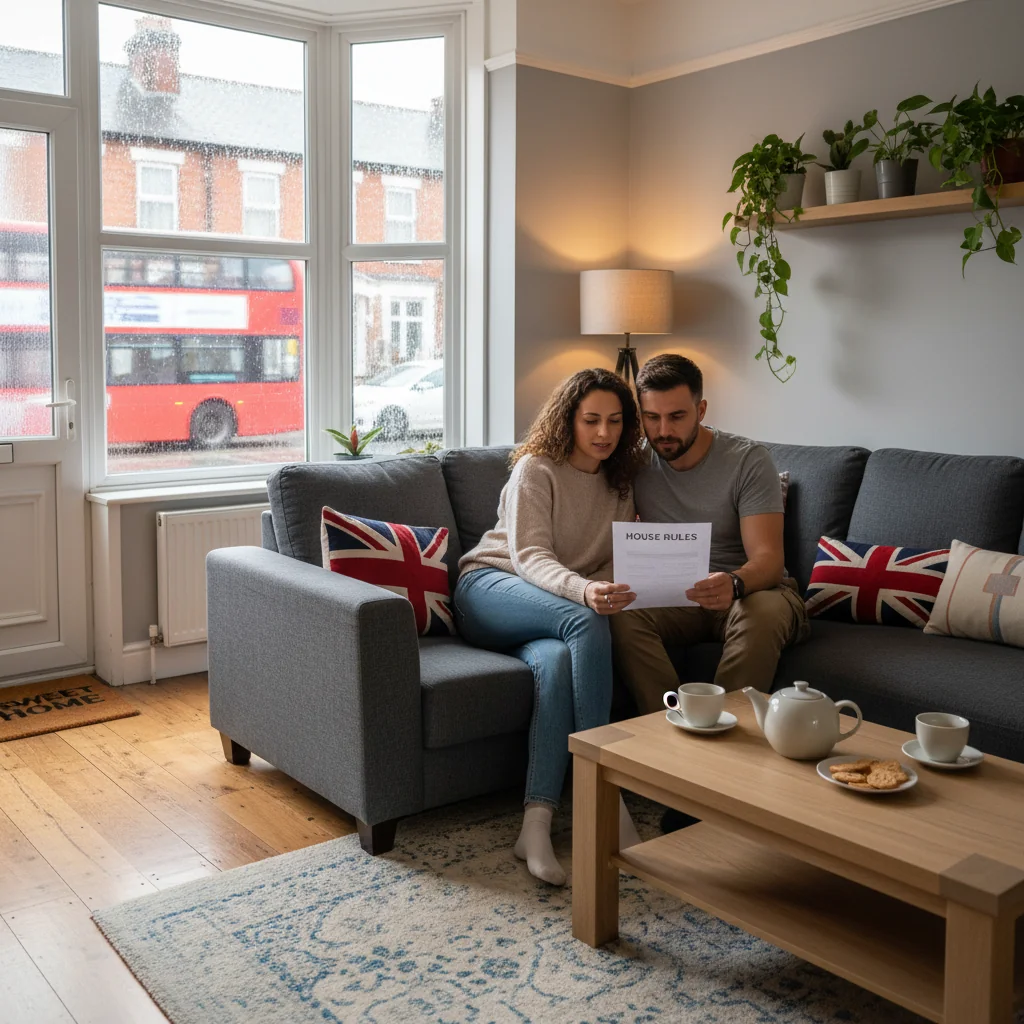 A photorealistic image of a cozy modern UK living room in a terraced house, featuring an adult couple sitting on a sofa reviewing a printed house rules document together, with elements like a welcome mat at the door, houseplants, and subtle British decor such as a teapot on the table, evoking a sense of homeownership and tenancy agreement, no children present.
