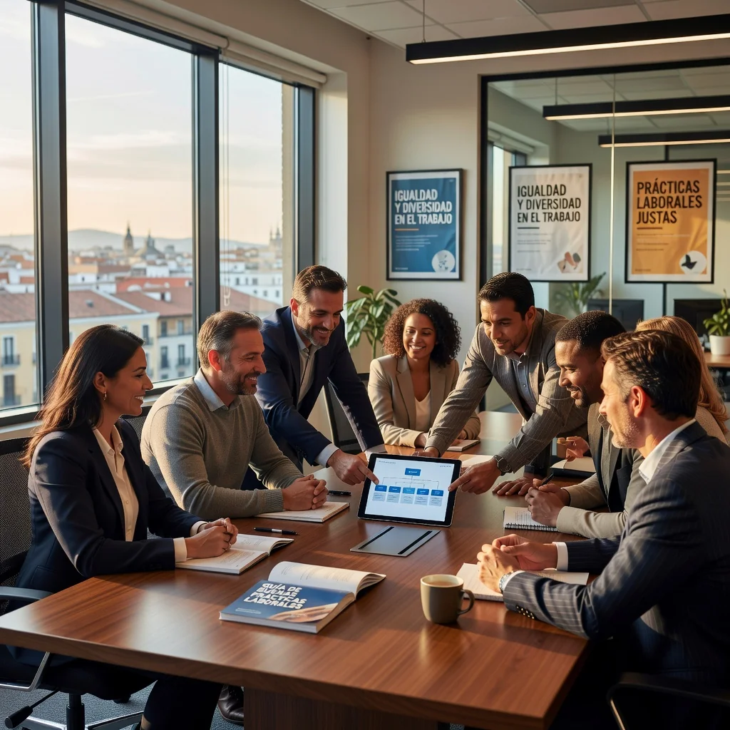 A photorealistic image of a diverse group of adult professionals in a modern Spanish office environment, engaged in a collaborative meeting around a conference table. They are discussing workplace policies with focused expressions, symbolizing the importance of internal regulations in fostering a harmonious and productive labor setting. The scene includes elements like a whiteboard with abstract icons representing rules and fairness, natural light from windows overlooking a cityscape, emphasizing professionalism and compliance in the Spanish workplace. No children are present in the image.
