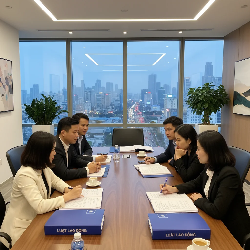 A photorealistic image of a diverse group of adult professionals in a modern Vietnamese office setting, engaged in a meeting discussing labor regulations. They appear collaborative and professional, symbolizing compliance with internal labor rules in Vietnam. No children are present.