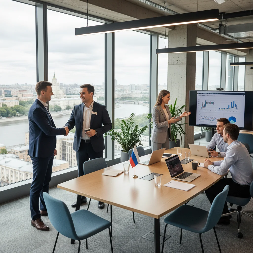 A photorealistic image of a professional office environment in a Russian company, showing diverse adult employees collaborating at modern desks with computers, symbolizing structured internal work rules and productive workplace harmony. No children or documents visible.
