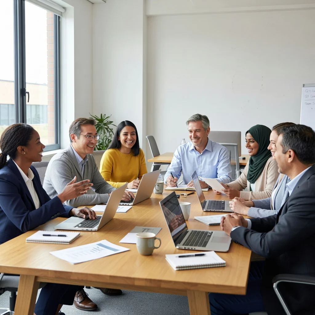 A photorealistic image depicting a diverse group of professional adults in a modern office environment, collaborating happily around a conference table, symbolizing effective workplace policies and team harmony from an employee handbook.