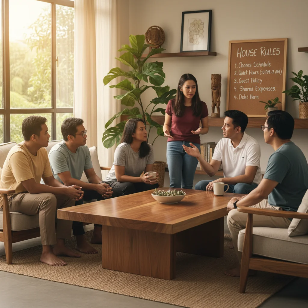 A photorealistic image depicting a diverse group of adults in a modern Philippine home, engaged in a calm discussion around a living room table, gesturing with hands as if resolving a dispute over house rules, with warm lighting and Filipino cultural elements like wooden furniture and tropical plants in the background, conveying harmony and resolution.