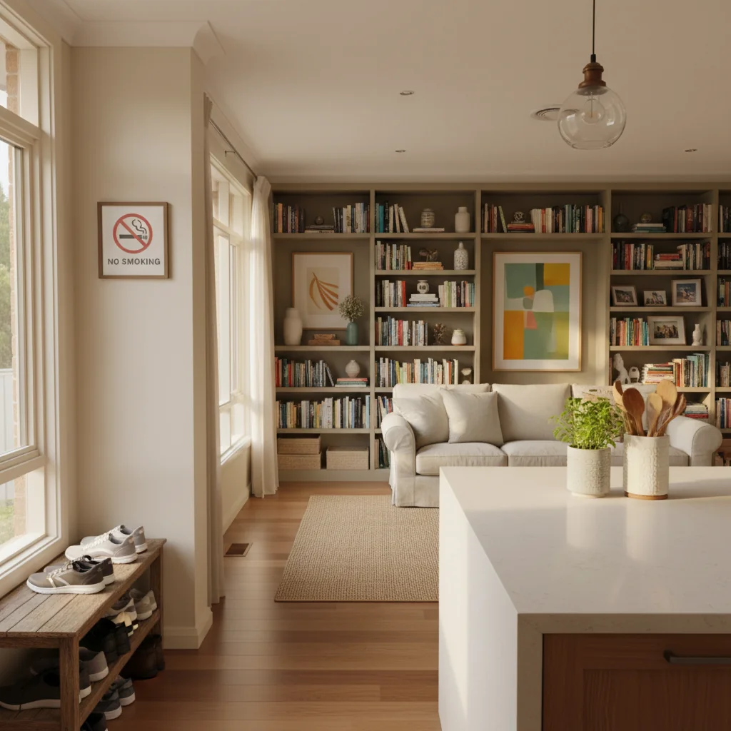 A photorealistic image of a cozy Australian family home interior, showcasing everyday house rules in action with adults only, such as a neatly organized living room with shoes placed in a rack by the door, no-smoking signs on walls, and household items arranged tidily, evoking a sense of order and comfort in suburban living, no children present.
