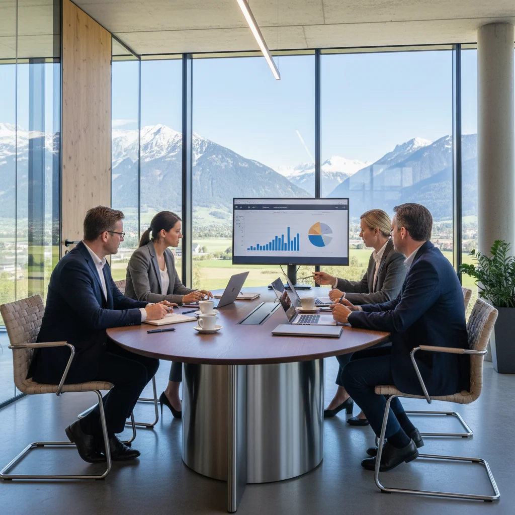 A photorealistic image depicting a professional business meeting in an Austrian office environment, symbolizing the structured guidelines and operational order in Austrian companies. The scene shows diverse adult professionals discussing around a conference table with modern office decor, evoking compliance and organization without focusing on documents.
