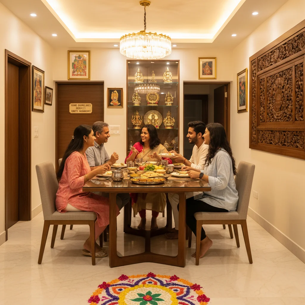 A photorealistic image depicting a warm family home in India, with adults engaged in daily household activities, symbolizing the essence of domestic rules and family harmony.