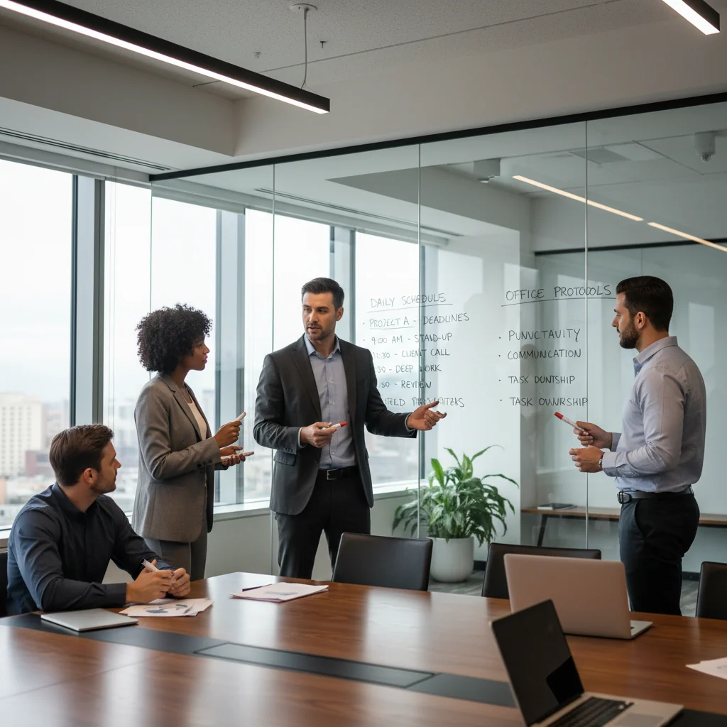 A photorealistic image of a professional office environment where adults are collaboratively organizing a workplace schedule on a whiteboard, symbolizing the creation of internal labor regulations and routines, with no children present.