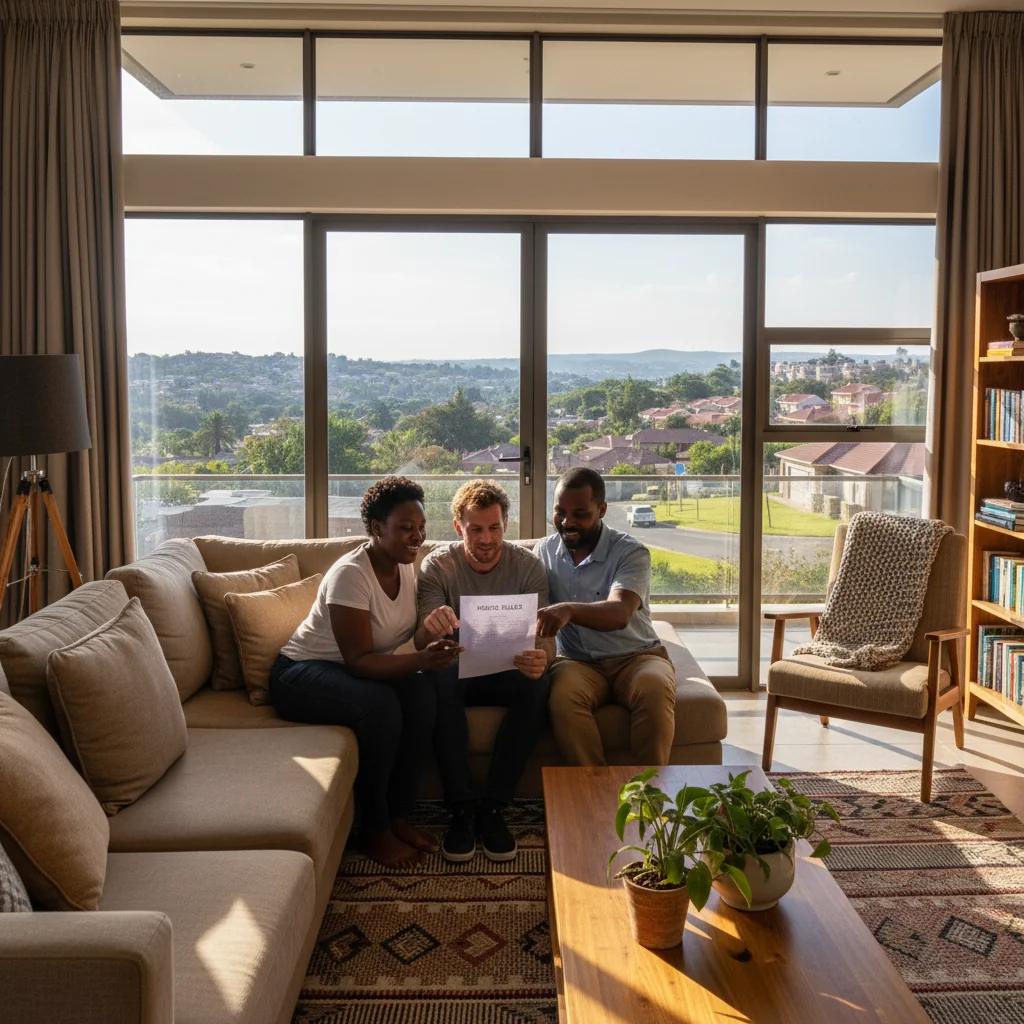 A photorealistic image of a warm, inviting South African home interior with adults gathered around a wooden dining table, smiling and discussing house rules from a printed document, emphasizing harmony and clear communication in a household setting, no children present.