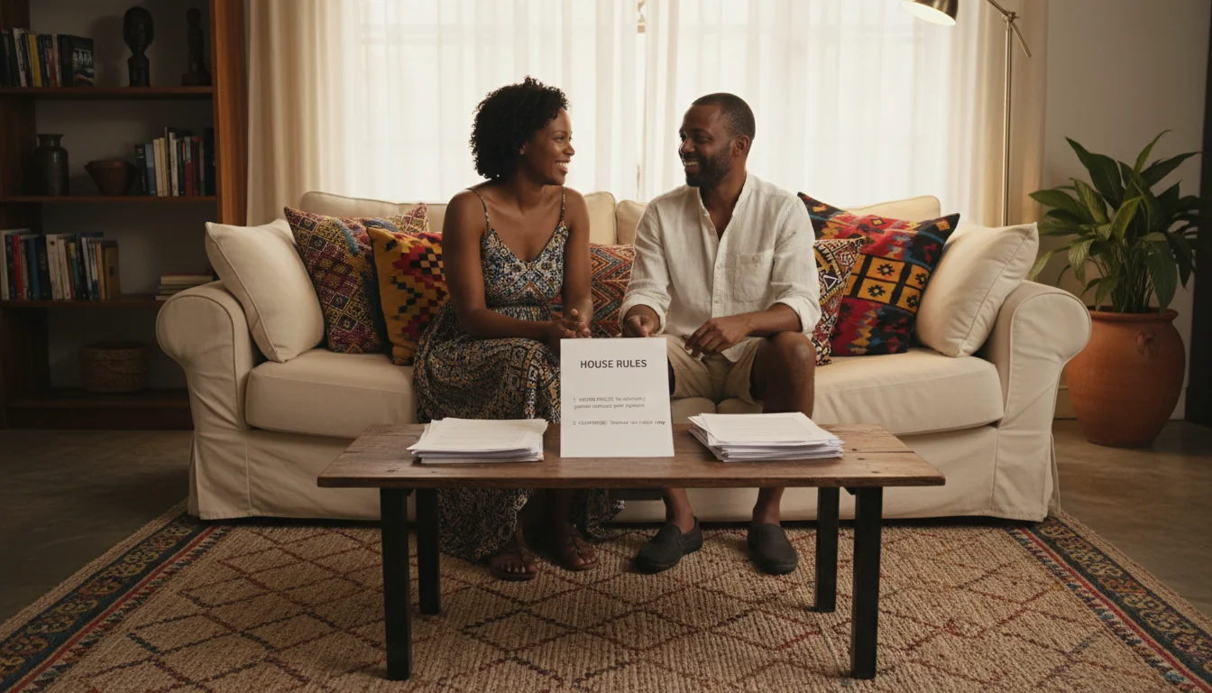 Adults discussing rules in living room