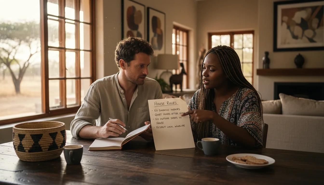 Family drafting house rules at table