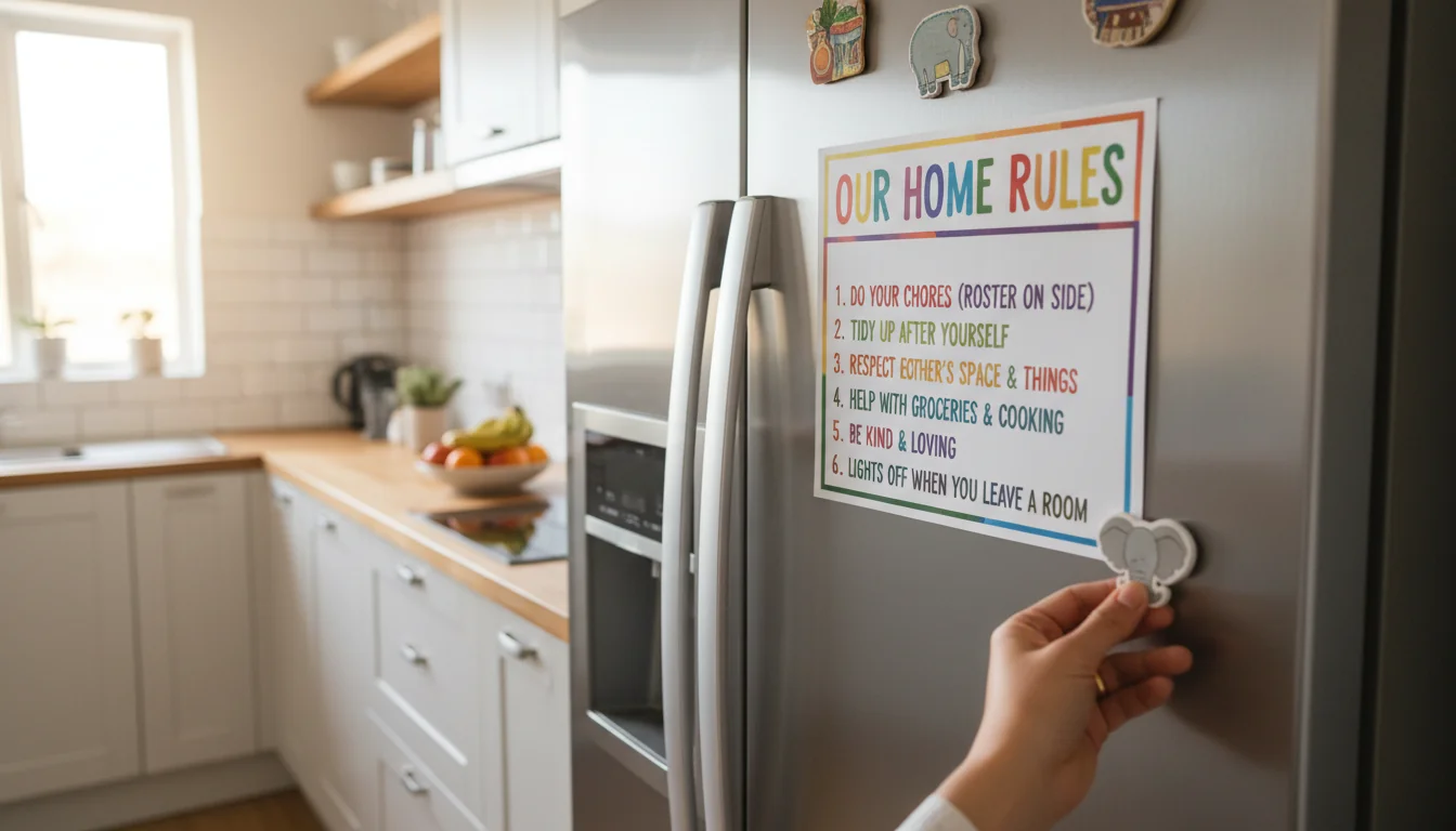 House rules posted on kitchen fridge