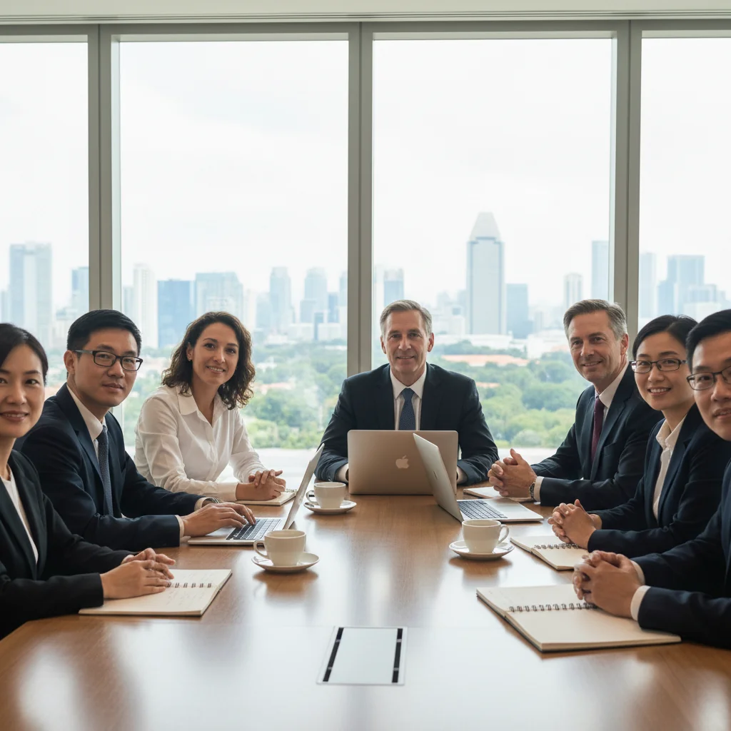 A photorealistic image depicting a professional business meeting in a modern Singapore office, where a diverse group of adult employees, including men and women of various ethnicities, are engaged in a discussion around a conference table. The atmosphere is collaborative and focused, symbolizing compliance and clear communication in employment practices, with subtle Singaporean elements like city skyline view through windows. No children are present in the image.