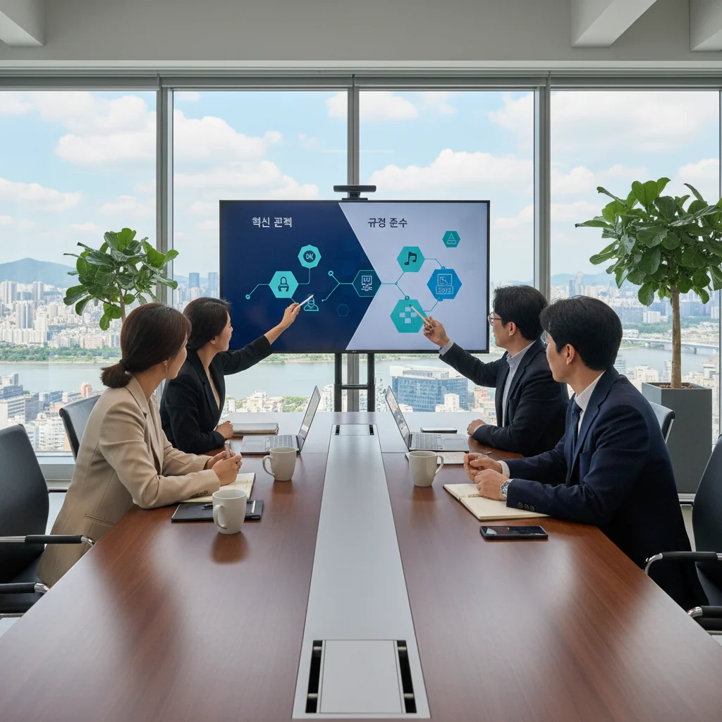 A photorealistic image of a professional business meeting in a modern Korean corporate office, where a diverse group of adult Korean professionals are collaboratively discussing and reviewing internal company guidelines on a large screen, symbolizing the creation of workplace rules. The atmosphere is focused and productive, with elements like laptops, notepads, and office decor in the background, emphasizing teamwork and organizational structure in a Korean business setting. No children are present.