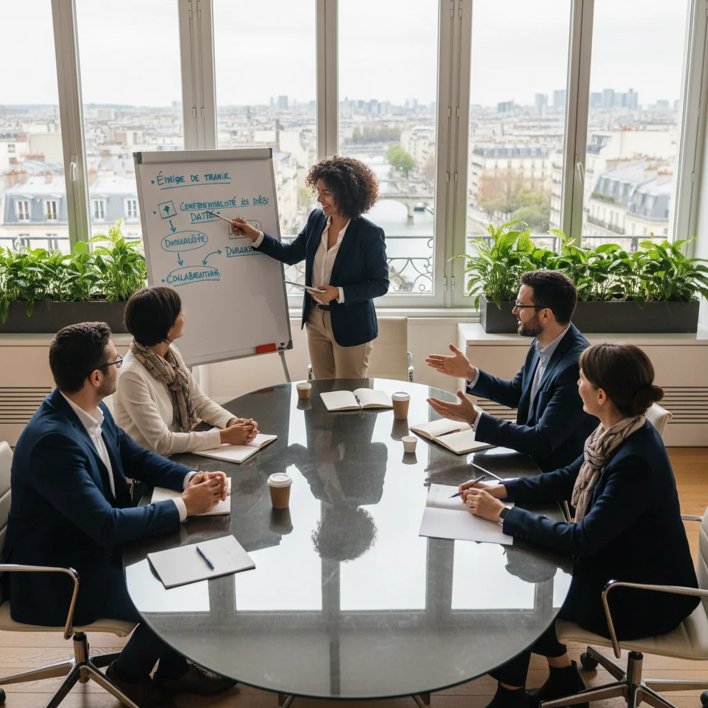 A photorealistic image depicting a professional meeting in a modern French office where adults are discussing company rules, symbolizing the purpose of internal regulations in a business setting, with no children present.