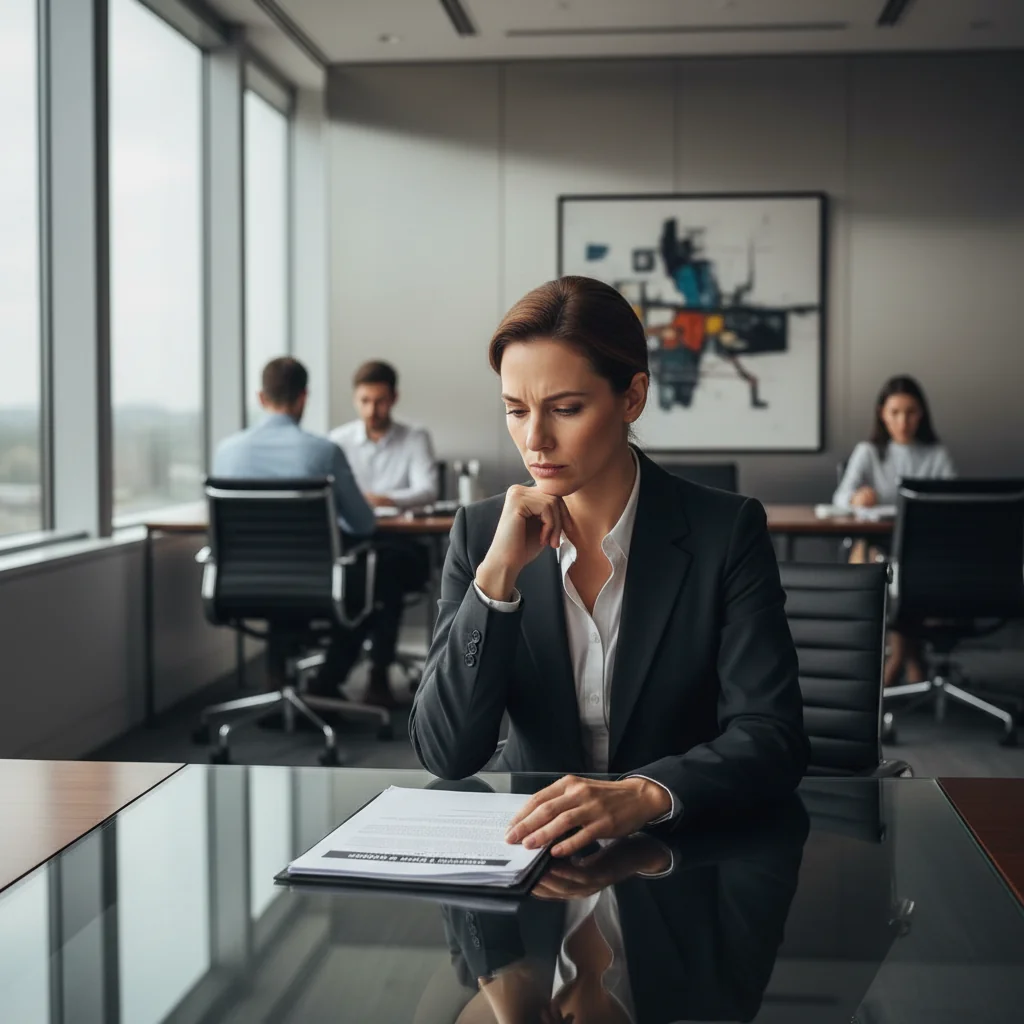 A photorealistic image depicting a professional adult employee in a modern office setting, looking thoughtful while reviewing a document on workplace compliance, symbolizing handling violations and legal considerations in a corporate environment. The scene conveys seriousness and professionalism without focusing on the document itself.