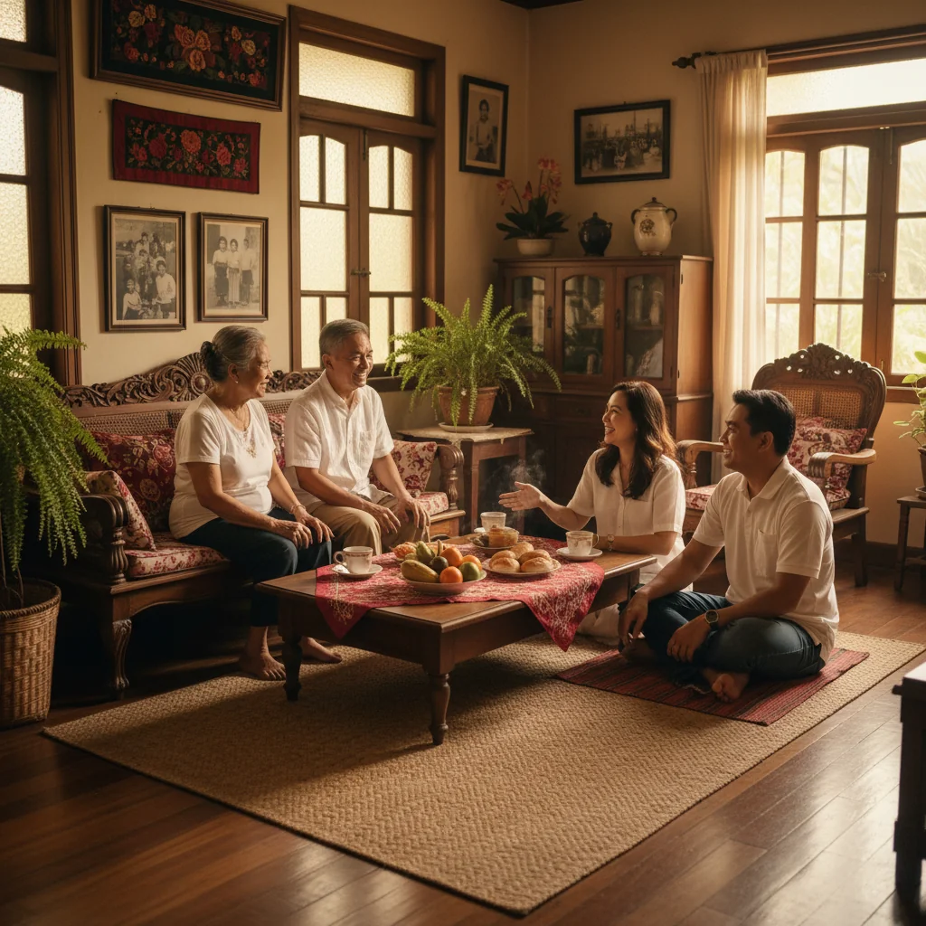A photorealistic image of a warm Filipino family gathering in a cozy living room, featuring adult parents and grandparents sitting around a wooden table, engaged in a calm discussion about household matters, with traditional Filipino decor like woven baskets and family photos in the background, conveying harmony and unity without any children present.