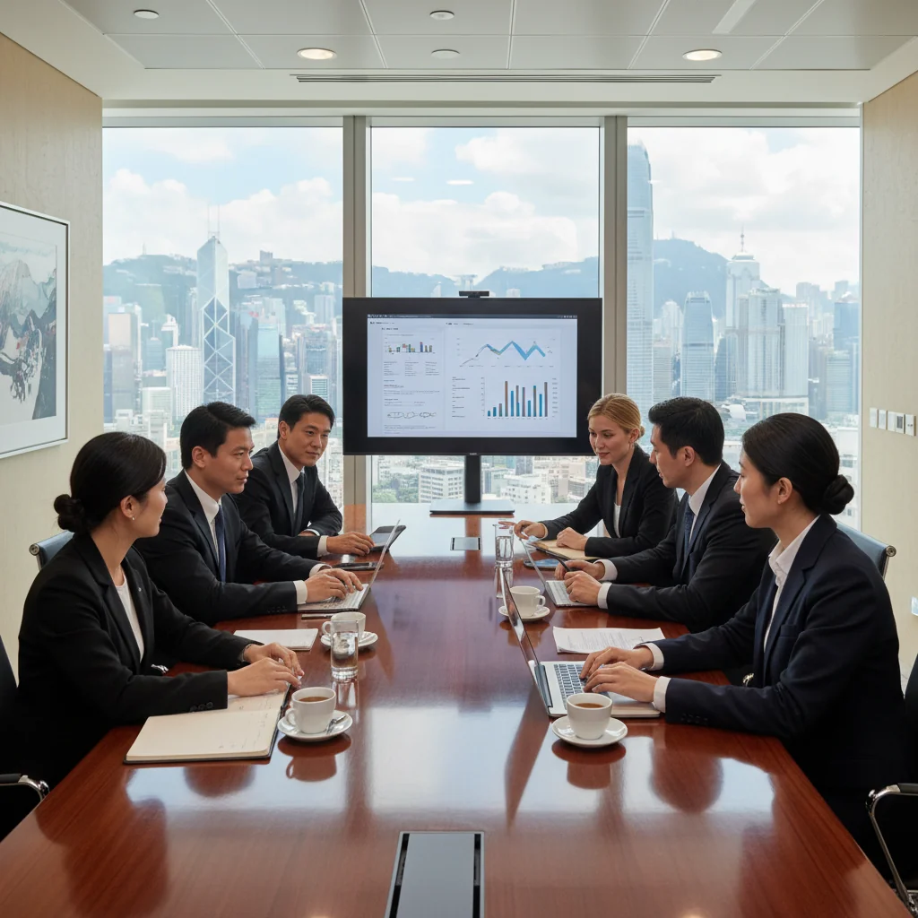 A photorealistic image of a diverse group of professional adults in a modern Hong Kong office setting, engaged in a team meeting, symbolizing corporate governance, compliance, and ethical business practices. The scene includes businesspeople of various ethnicities discussing strategies around a conference table with a view of the Hong Kong skyline in the background, emphasizing legal adherence and implementation in a corporate environment.