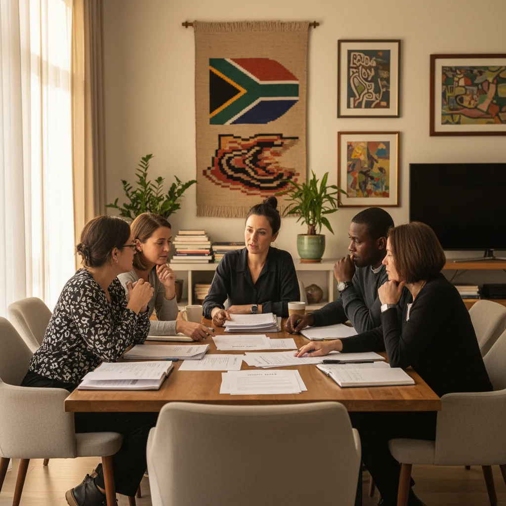 A photorealistic image of a diverse group of South African adults gathered around a wooden table in a modern living room, reviewing house rules documents together, with South African cultural elements like traditional patterns in the background, conveying understanding and community.
