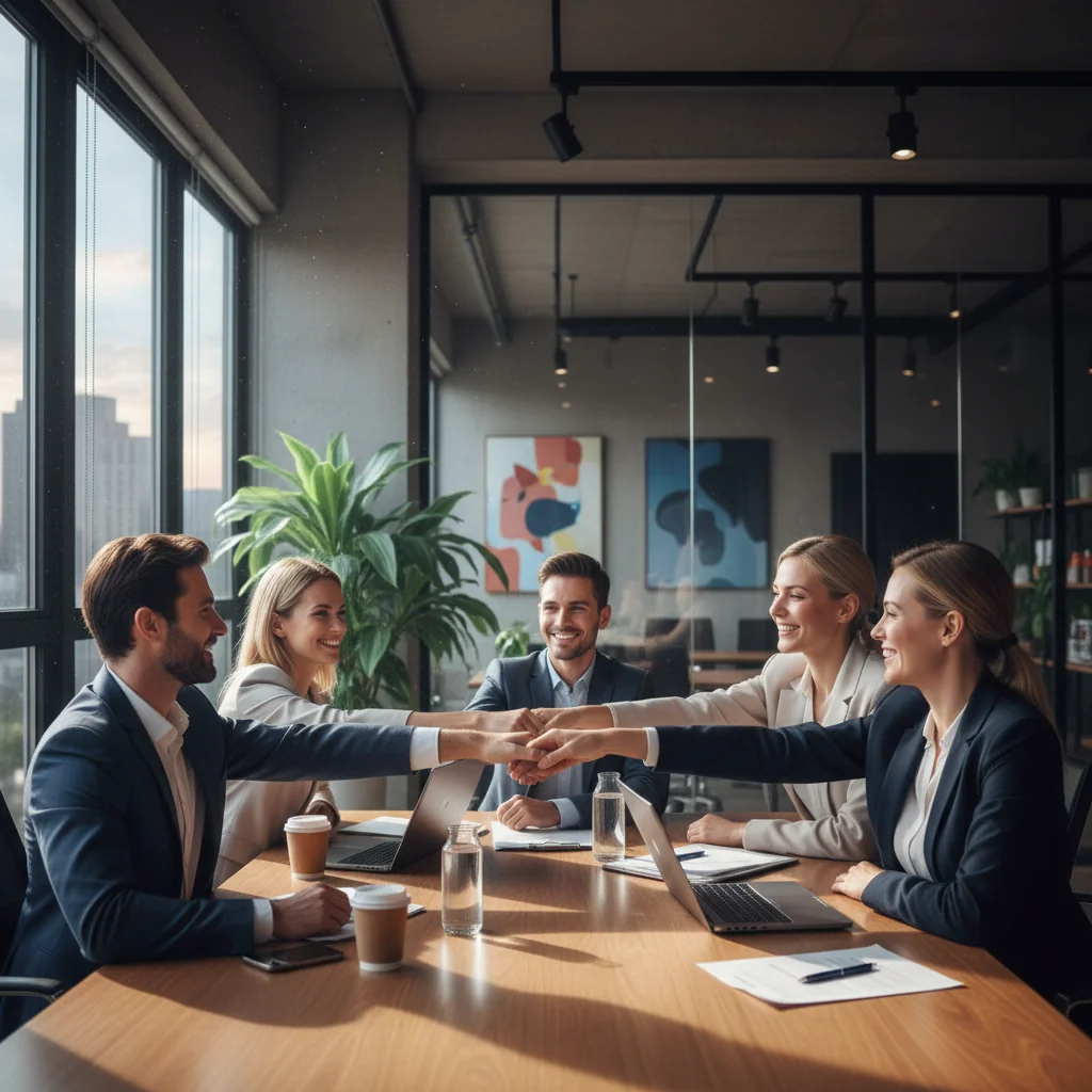 A photorealistic image depicting a professional business meeting in a modern office where diverse adult colleagues are collaboratively discussing and agreeing on workplace policies, symbolizing the creation of an effective operational agreement, with no children present and no documents visible.
